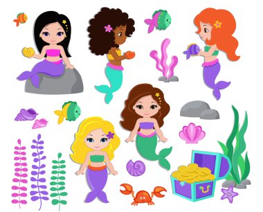 Sevimli küçük deniz kızları topluluğu. vektör çizimi.