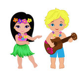 Illustration eines Jungen, der Gitarre spielt, und eines hawaiianischen Mädchens, das Hula tanzt.
