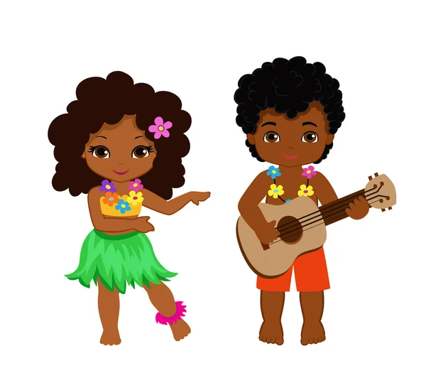 Ilustração de menino tocando guitarra e havaiano menina hula dança . —  Vetores de Stock