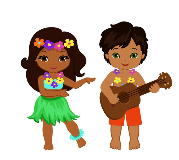 Illustration de garçon jouant de la guitare et fille hawaïenne hula danse . — Image vectorielle