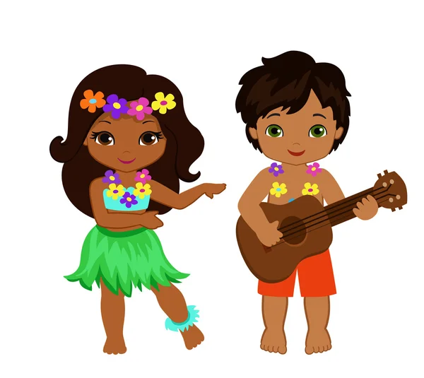 Ilustração de menino tocando guitarra e havaiano menina hula dança . — Vetor de Stock