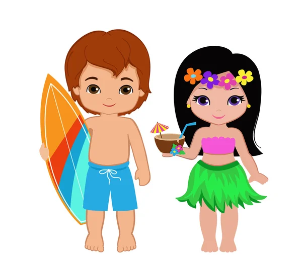 Ilustração de menino bonito com prancha de surf e menina havaiana com coquetel . — Vetor de Stock