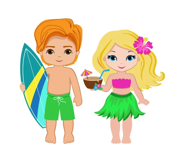 Illustration of cute boy with surfboard and Hawaiian girl with cocktail. — Stock Vector