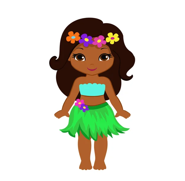 Cute cartoon meisje in traditionele Hawaiiaanse danser kostuum. — Stockvector