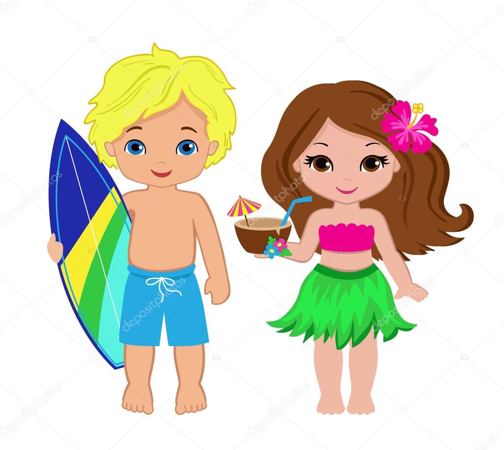 サーフボードとかわいい男の子とカクテルとハワイアン女の子のイラスト