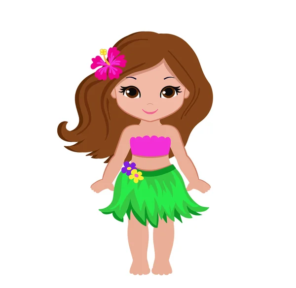 Menina bonito desenho animado em traje dançarino havaiano tradicional . — Vetor de Stock
