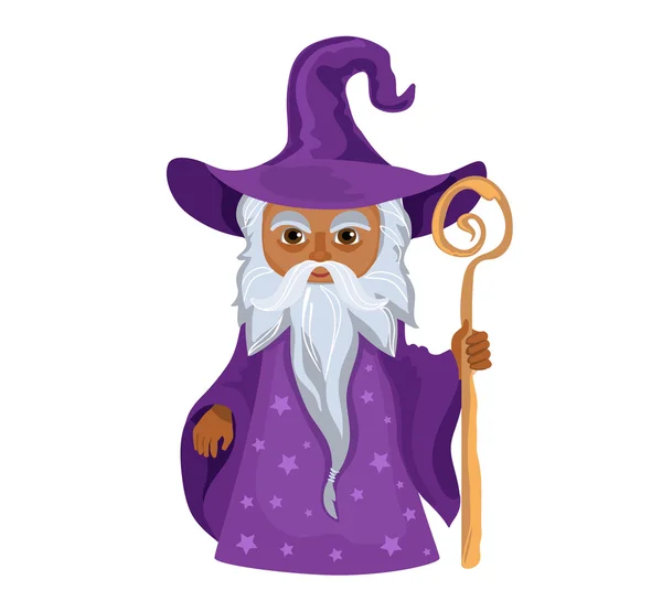 Cartoon Wizard met personeel. Geïsoleerd op witte achtergrond. — Stockvector