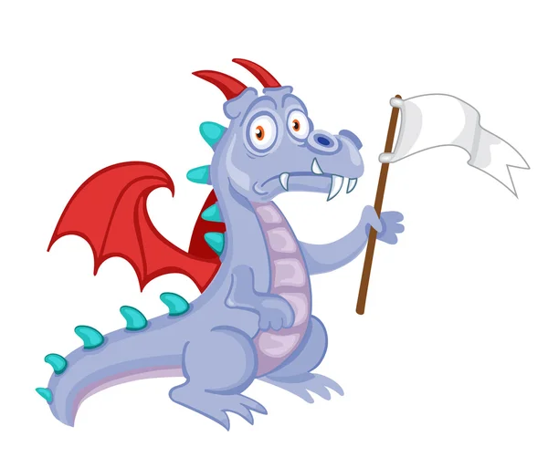 Legyőzött kibocsátásadatait dragon holding egy fehér zászló. — Stock Vector