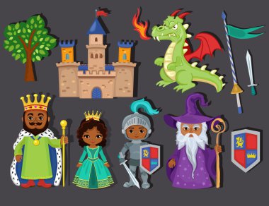 Ortaçağ masal öğesi simge vektör kümesi.