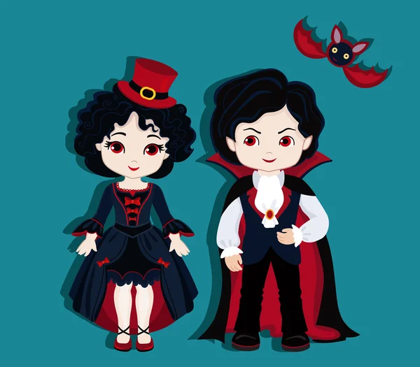 Ilustração de menino e menina muito bonitos vestidos com um traje de vampiro . —  Vetores de Stock