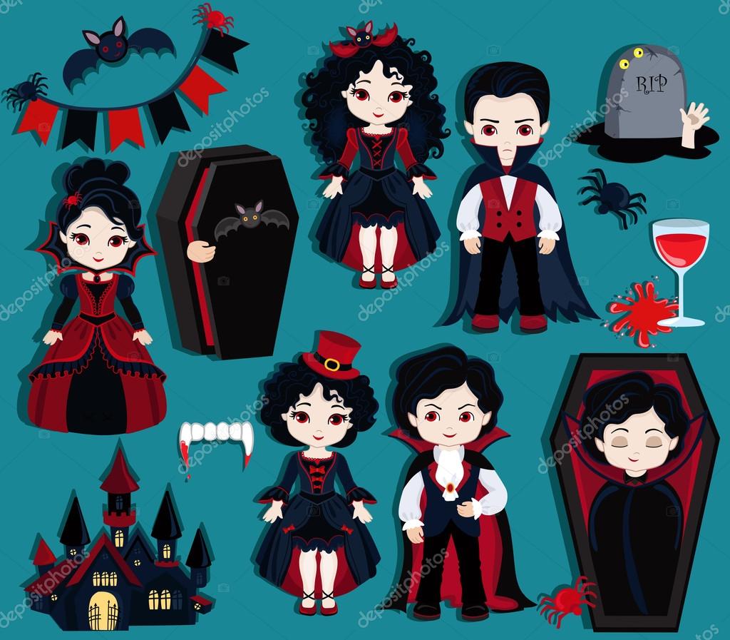 Cute Vector Halloween Characters Vampire Lady Dracula And
