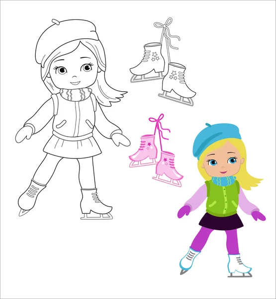 Menina engraçada em roupas de inverno em patins isolados em um fundo branco. Páginas para colorir.Grande ilustração para livros escolares, revistas, publicidade e muito mais. VECTOR . — Vetor de Stock