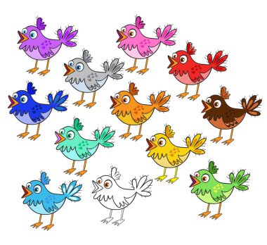 Dekoratif gökkuşağı kuşları koleksiyonları. Vektör Set renkli karikatür kuş
