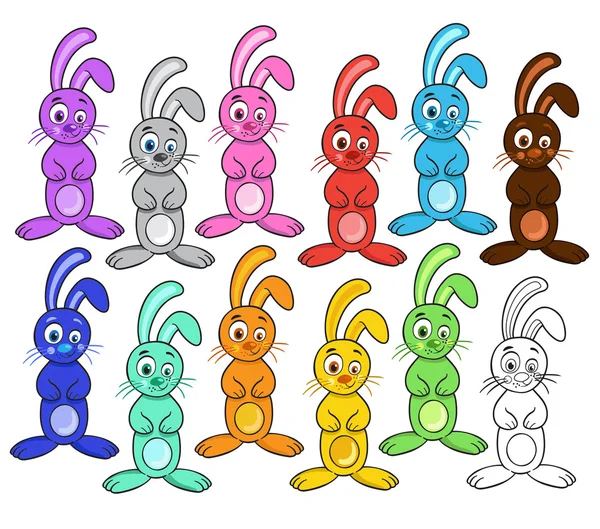 Conejos arco iris listos. Conejitos de Pascua . — Vector de stock