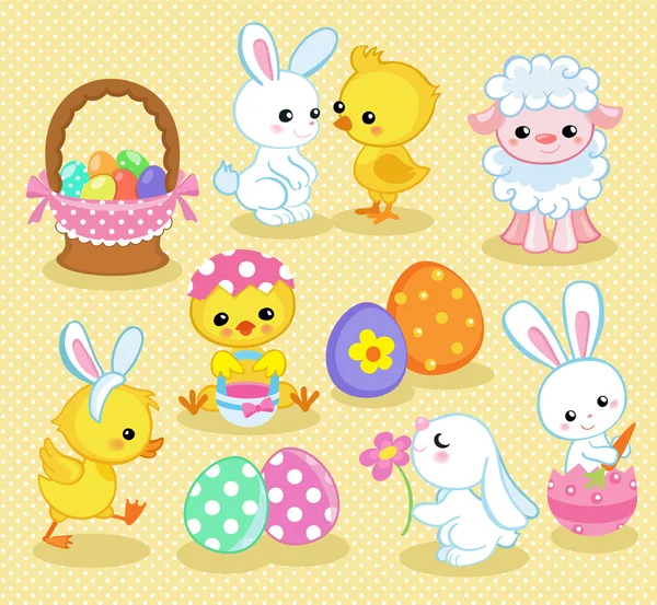 Feliz Pascua ilustración de vacaciones con pollo lindo, conejito, pato, personajes de dibujos animados de cordero. Ilustración vectorial . — Vector de stock