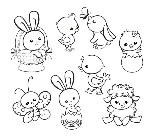 Happy Easter holiday illustration with cute chicken, bunny, duck, lamb cartoon characters.Coloring page. Vector illustration. — Stock Vector