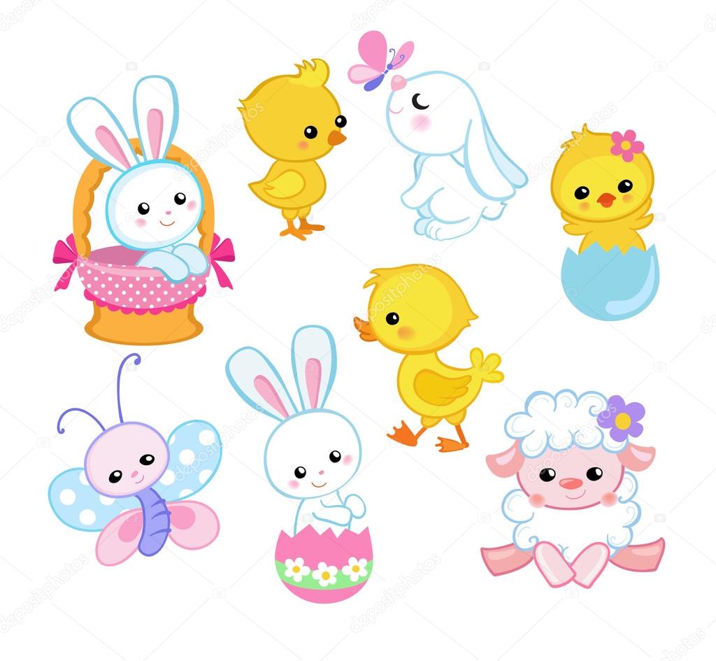 Happy Easter holiday illustration with cute chicken, bunny, duck, lamb cartoon characters. Vector illustration.