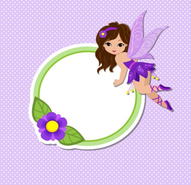 Güzel bir mor peri uçuş ve Çiçekli Çerçeve çizimi