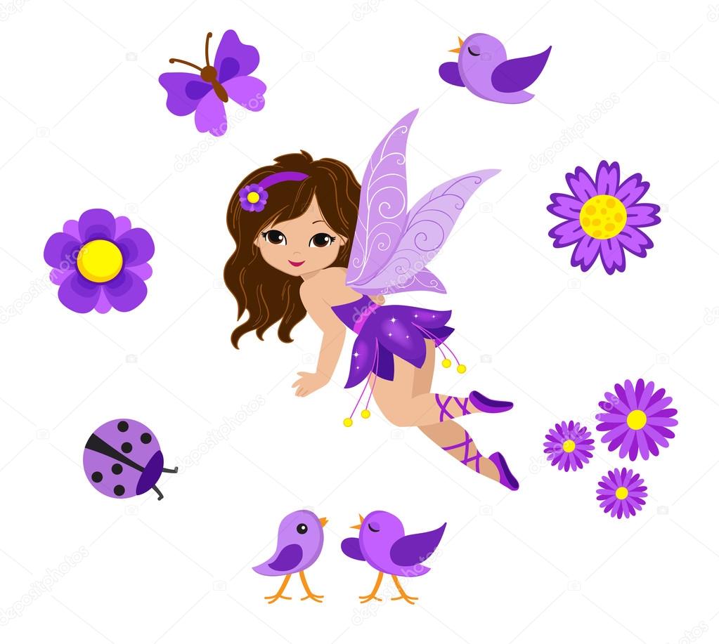 Illustration of a beautiful purple fairy in flight — Stock Vector