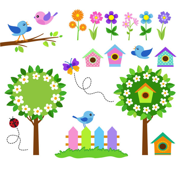 Garden set with birds, blooming trees, flowers and insects.