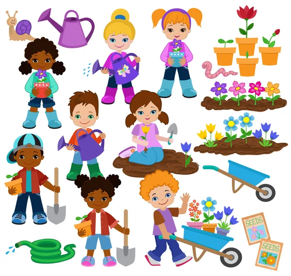 Niños plantando flores y trabajando en el jardín — Vector de stock