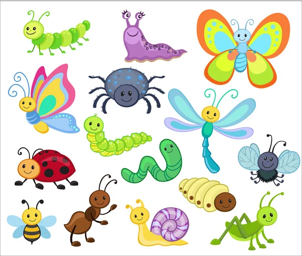 Large Vector Set of Cute Cartoon Bugs — Stock Vector