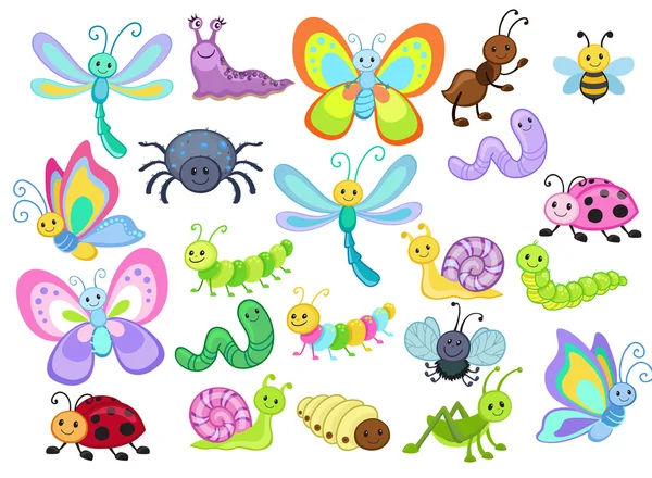 Large Vector Set of Cute Cartoon Bugs — Stock Vector