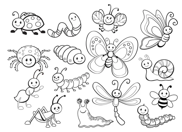 Large Vector Set of Cute Cartoon Bug Line Art — Stock Vector