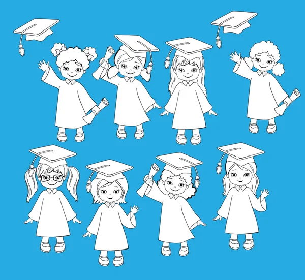 Colorear. Chicas. Conjunto de niños en un vestido de graduación y mortero. Ilustración vectorial de un grupo de estudiantes y graduados de kindergarten — Archivo Imágenes Vectoriales