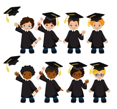 Boys. Set of children in a graduation gown and mortarboard. Vector illustration of a group of students and graduates of kindergarten on a white background.