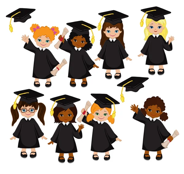 女孩。儿童在毕业礼服和现在的集。一群学生和毕业生的幼儿园在白色背景上的矢量图. 图库矢量图片