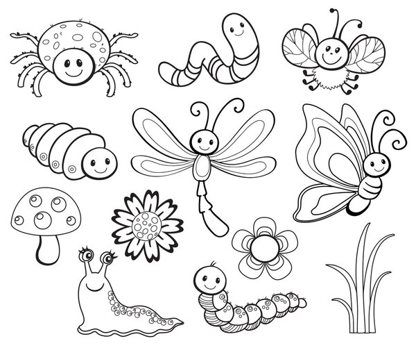 Vector Set of Cute Cartoon Bug Line Art