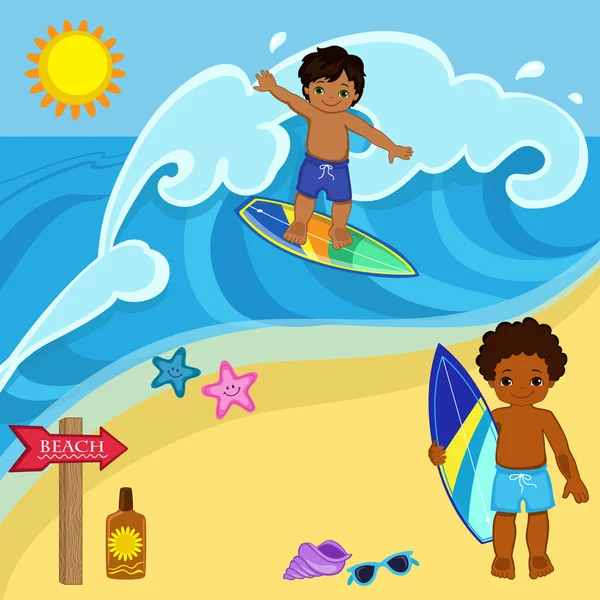 Niños surfistas en la playa para coger una gran onda.Ilustración vectorial — Vector de stock