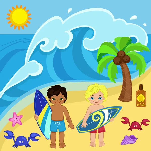 Niños surfistas en la playa para coger una gran onda.Ilustración vectorial — Vector de stock