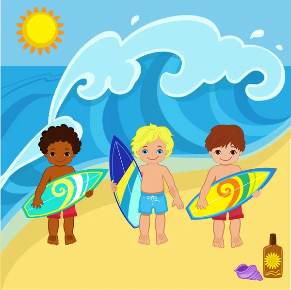 Niños surfistas en la playa para coger una gran onda.Ilustración vectorial — Vector de stock