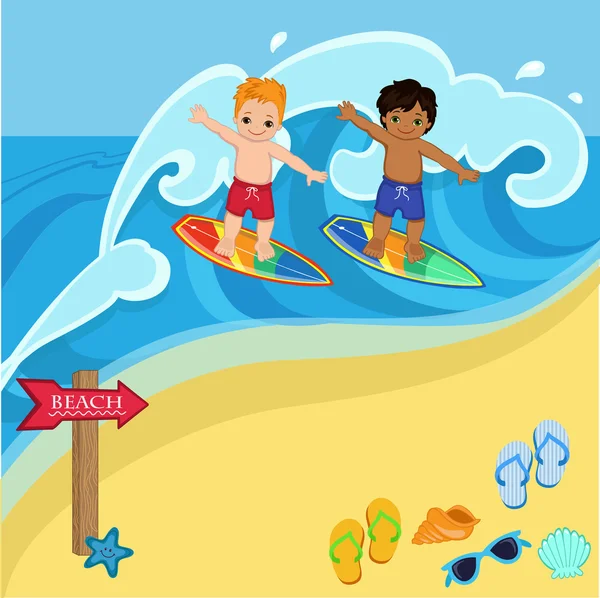 Chlapci surfaři na pláži chytit velkou vlnu. Vektorové ilustrace — Stockový vektor