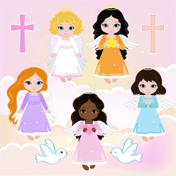 Set Angel girls on the sky with pigeons. Baptism — Stock Vector