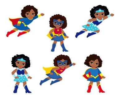 Afrikalı-Amerikalı şirin süper kahraman kız vektör klip sanat set.
