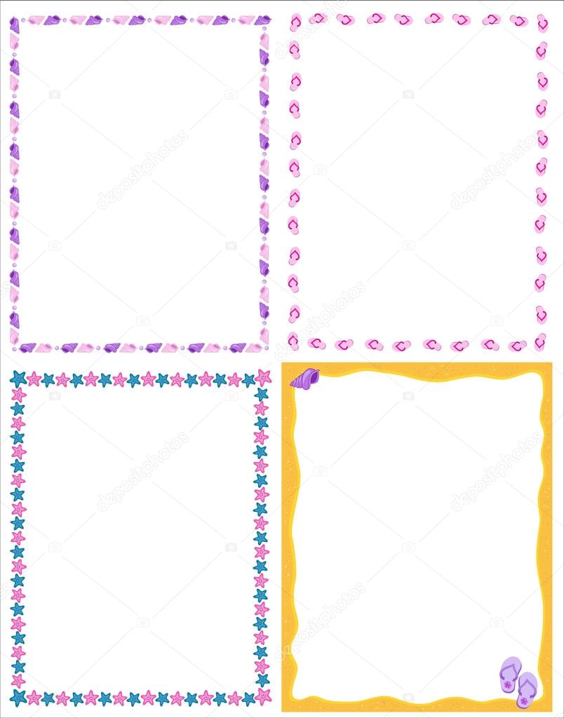 Decorative cartoon frames and borders set A4 vector. Summer sea vacation.