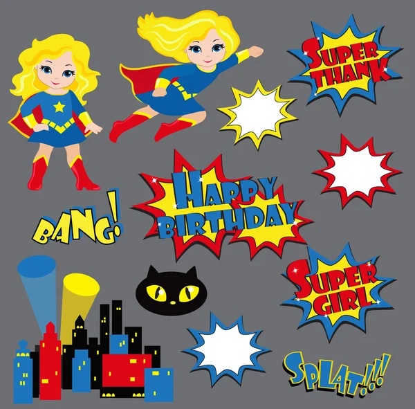 Kleurrijke cartoon bijschriften. Explosies en geluiden. Super Girl. Verjaardag. — Stockvector