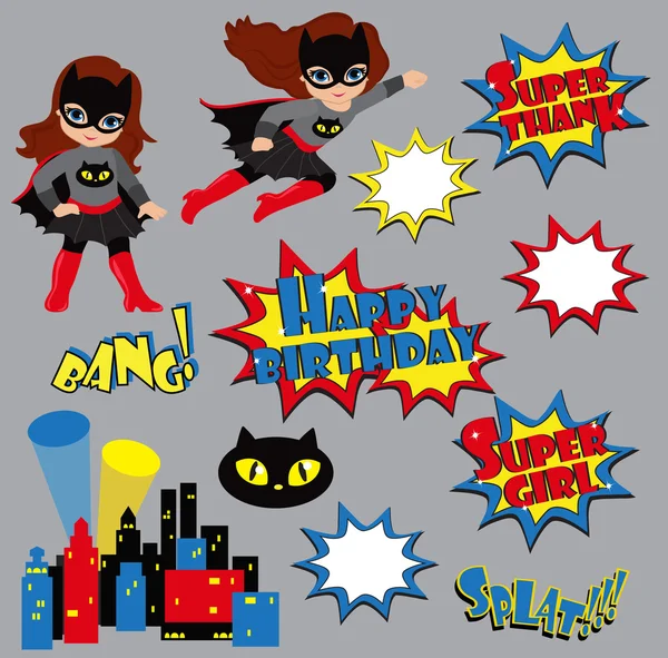 Kleurrijke cartoon bijschriften. Explosies en geluiden. Super Girl. Verjaardag. — Stockvector