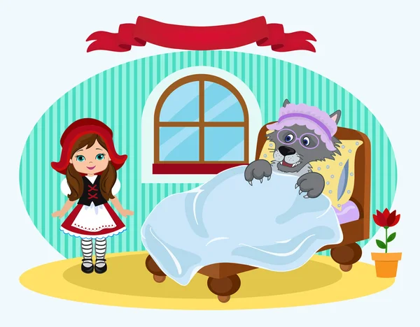 Caperucita Roja y la cama en la que yace el lobo. Ilustración vectorial — Vector de stock