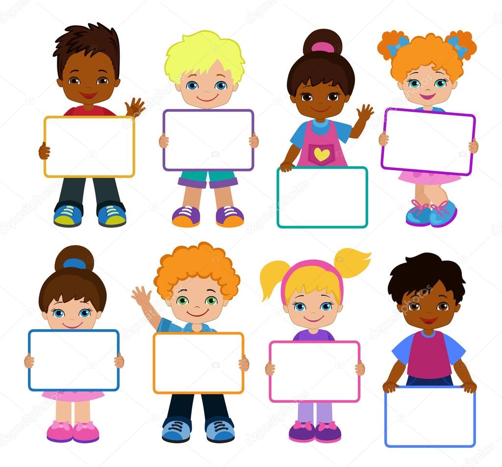 Kids with Signs. Bricht Kids .Frame Board. Clipart. Child meeting frame white board.