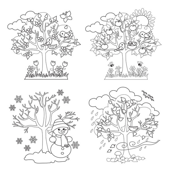 Four Seasons Trees Clipart and Vector with Spring, Summer, Fall and Winter Trees. Coloring. Vector Illustration