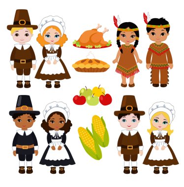 Indians and Pilgrims - sharing food for Thanksgiving clipart