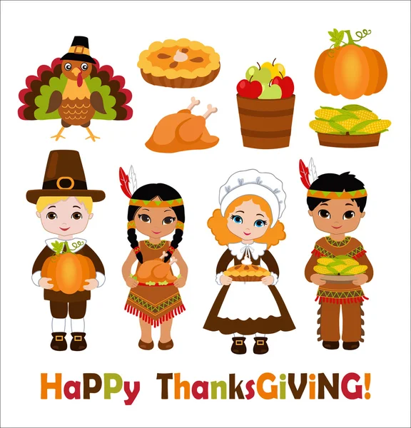 A group of kids - Indians and Pilgrims - sharing food for Thanksgiving — Stock Vector