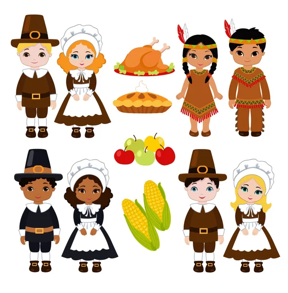 Indians and Pilgrims - sharing food for Thanksgiving — Stock Vector