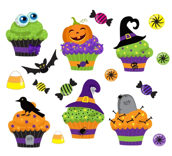 Uppsättning färgglada halloween godis, cupcake och godis ikoner. — Stock vektor