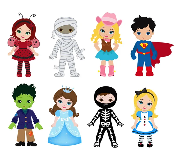 Happy Halloween. Funny little children in colorful costumes. Vector illustration. Icon — Stock Vector