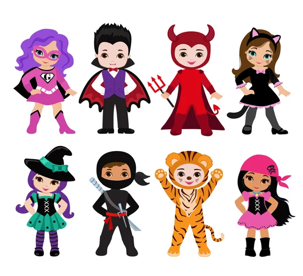 Joyeux Halloween. Petits enfants drôles en costumes colorés. Dracula, Diable, sorcière, Pirate, Supergirl, ninja, illustration vectorielle. Icône — Image vectorielle